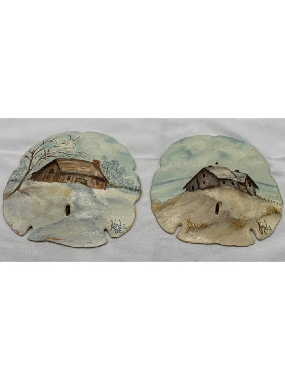 Hand-Painted Sand Dollar Art By Linda 1986 Set of 2 Rustic Home Scenes